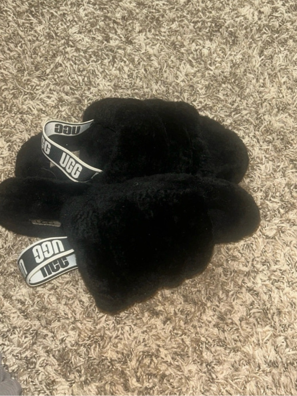 UGG Kids Black Plush Slide Slippers with Branded Elastic Strap